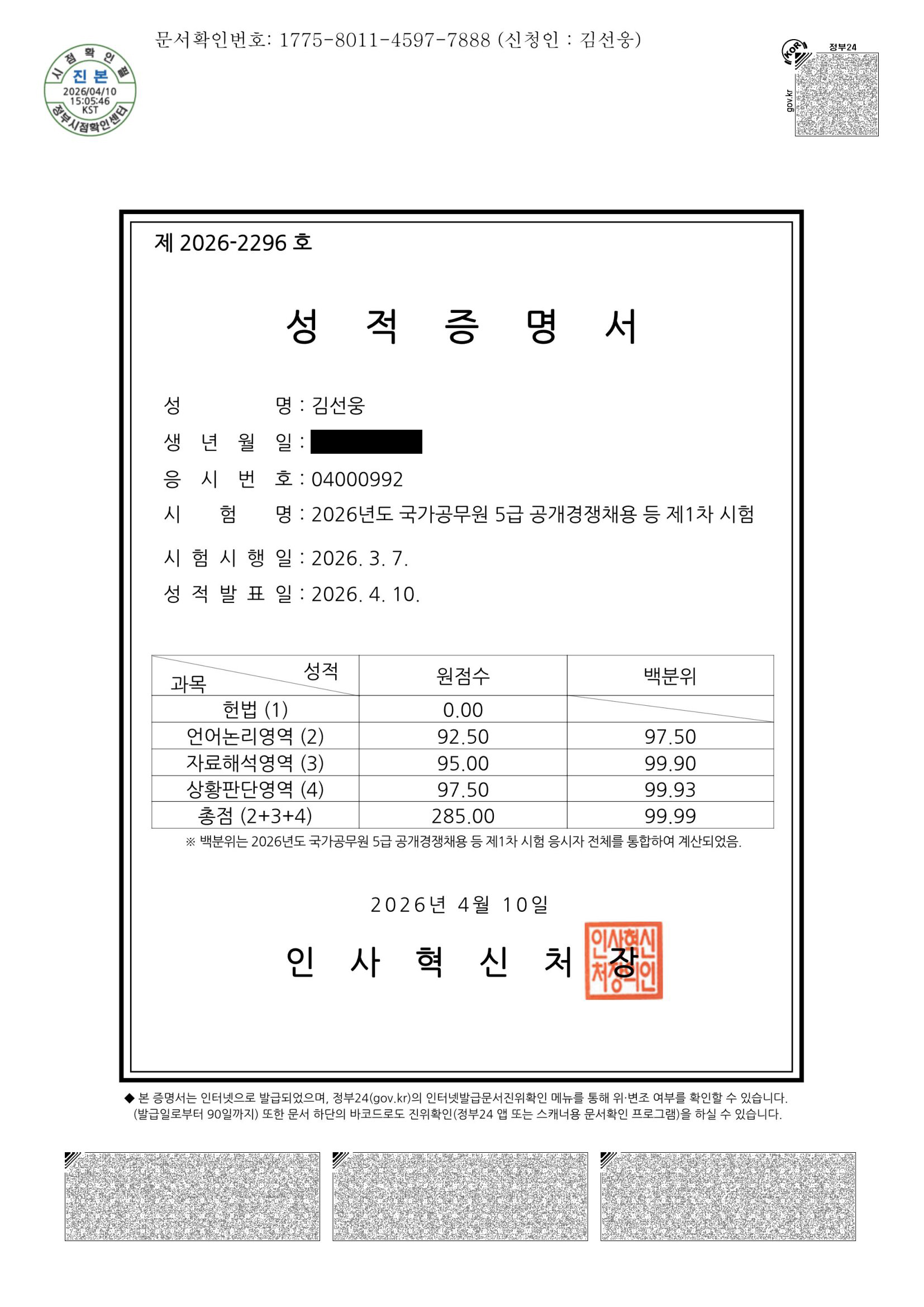 2026년 5급 PSAT 성적증명서